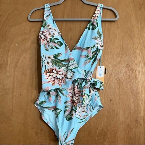 Kona Sol Wrap-Front High Coverage One Piece Swimsuit Tropical Print Small NWT - Picture 2 of 8